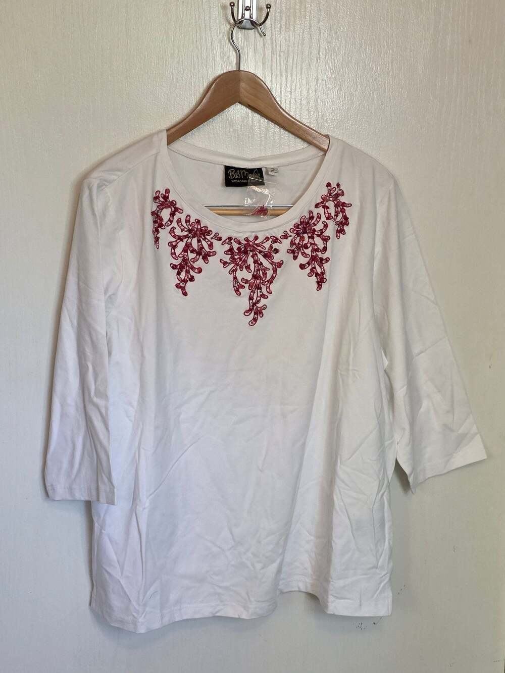 Bob Mackie Wearable Art White Embellished 3/4 Sleeve Top